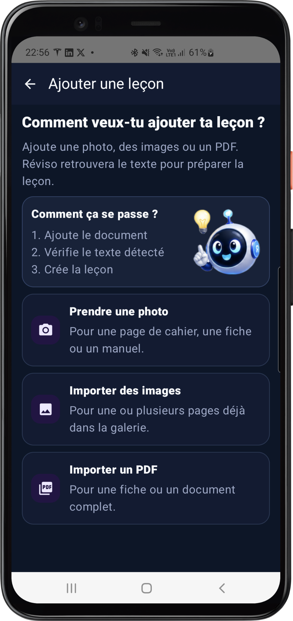 Écran pour ajouter une leçon par photo, images ou PDF